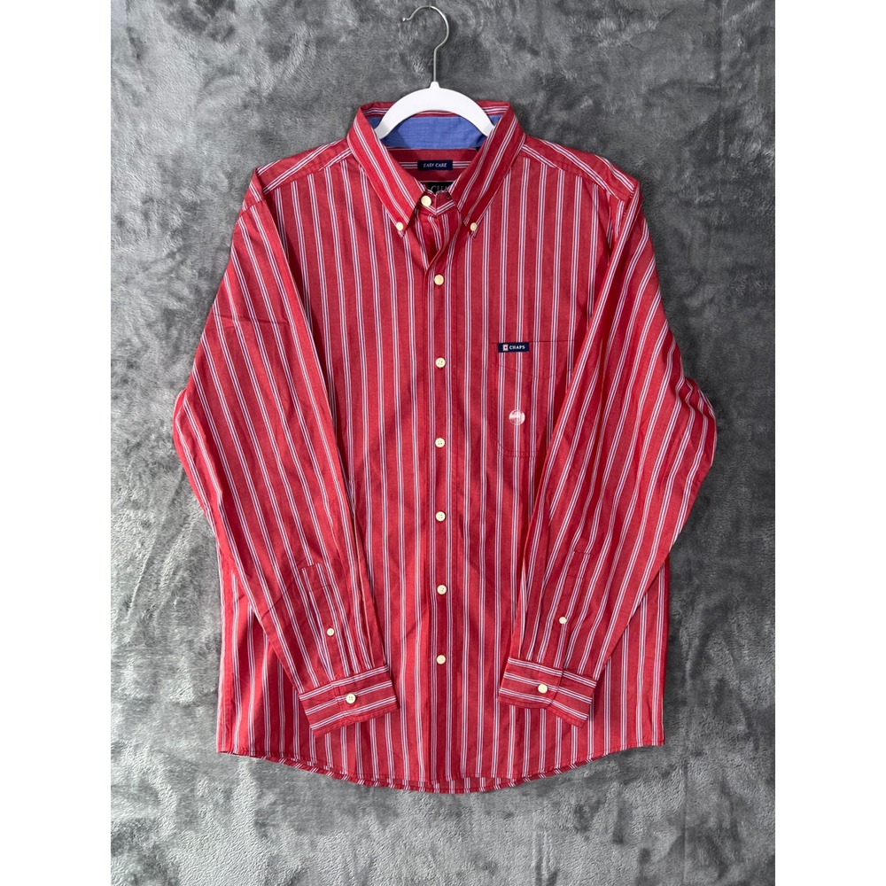 Chaps Mens Easy Care Red Blue Striped Button Down Shirt Long Sleeve Size M